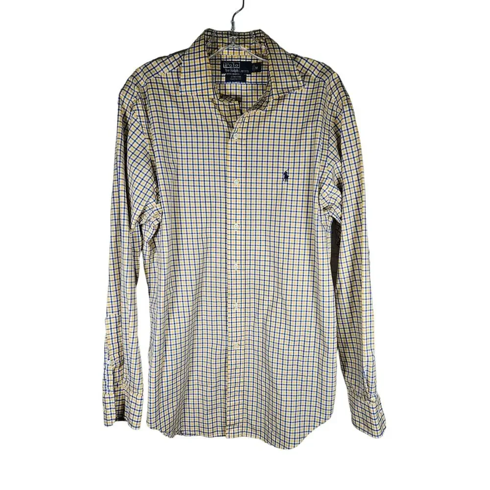 Ralph Lauren Polo Mens Polo Shirt Plaid Yellow Blue Logo Size Medium Stanton Fit